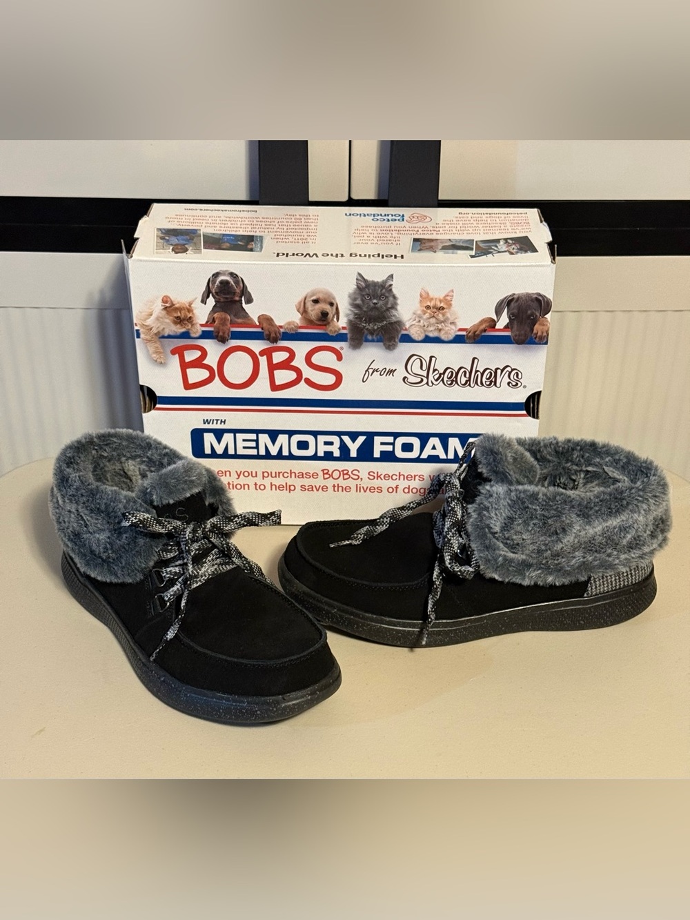 Bobs from Skechers “Mushers Delight” Black w/Grey Faux Fur Lined Memory Foam